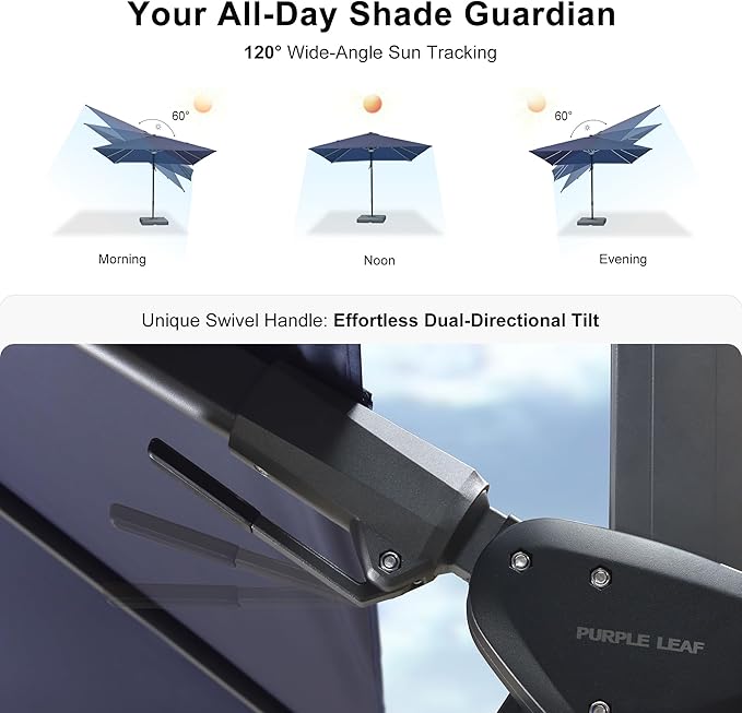 PURPLE LEAF 10 Feet Patio Umbrella Outdoor Cantilever Solar Powered LED Swivel Square Umbrella Aluminum Offset Umbrella with 360-degree Rotation for Garden Deck Pool Patio, Navy Blue