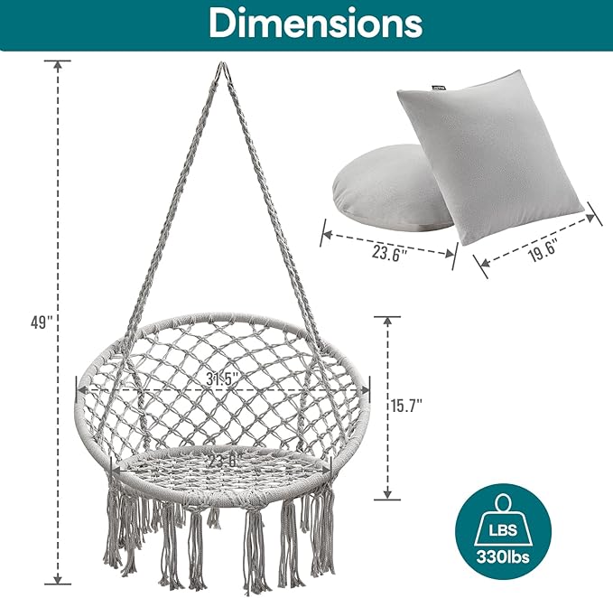 JoyView Macrame Hammock Chair Hanging Swing Chair Max 330 Lbs with 2 Cushions and Hardware Kits for Indoor Outdoor Bedroom Patio Garden - Light Grey