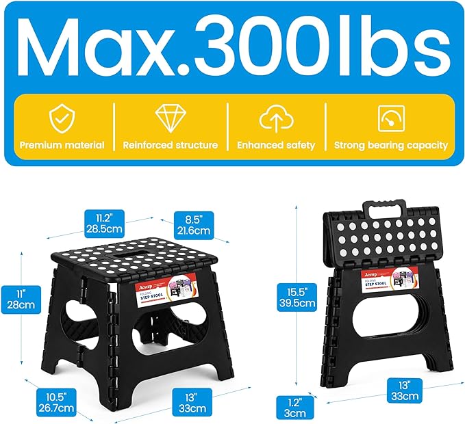 ACSTEP Folding Step Stool 11 Inch, Sturdy Plastic Foldable Step Stool for Kids & Adults, Non Slip Lightweight Collapsible Foot Stools Holds 300 lbs, Ideal for Kitchen, Bathroom, Bedroom, Outdoor