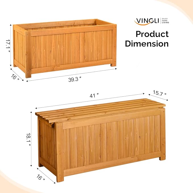 VINGLI Outdoor Wood Bench with Planter Boxes, 2-in-1 All-Weather Porch Bench Seat ＆ Open-Ended Wooden Raised Garden Bed, for Balcony Yard Patio (1 Box + Rectangle)