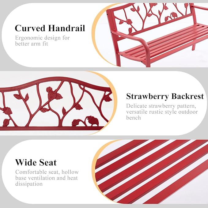 50" Outdoor Garden Bench, Cast Iron Metal Outdoor Benches Weatherproof with Artistic Strawberry Backrest, Red Patio Bench for Porch, Backyard, Lawn