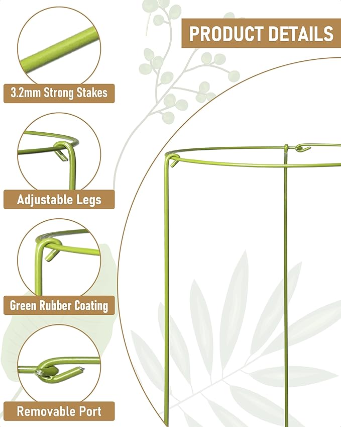 5-Pack Heavy Duty Plant Support Stakes, Metal Plant Ring Cages for Indoor Outdoor Plants, Adjustable Garden Stakes for Peonies, Monstera, Pothos, Hydrangea, Vines & Potted Plant (6" W x 11" H)