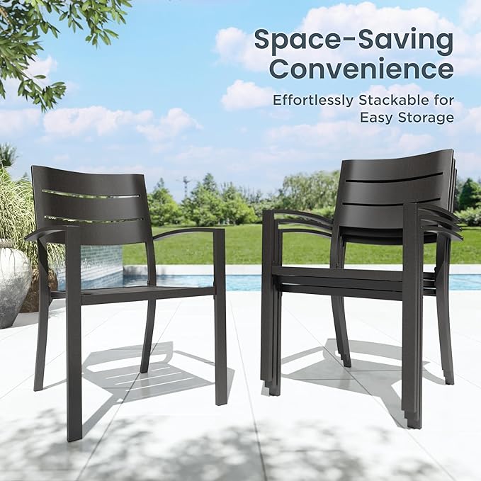 PHI VILLA 5 Pieces Outdoor Dining Set with Umbrella for 4, 37" Square Metal Steel Table & Stacking Wrought Iron Chairs & 3-Tier Red Umbrella, Outside Furniture Set for Patio, Deck, Porch, Backyard