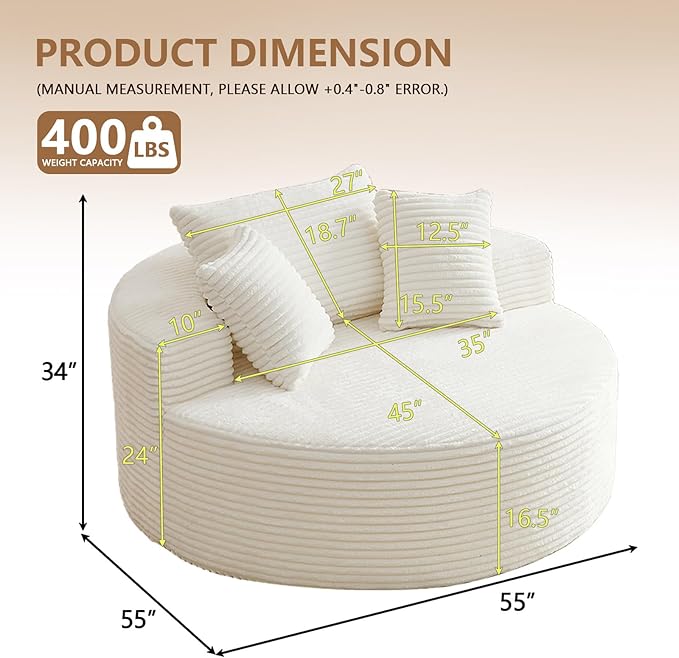Oversized Round Chair Lounge Chaise Indoor, Upholstered Corduroy Deep Seat Cloud Large Circle Sofa Chair, No Assembly Required, Fluffy Modern Sleeper Sofa Bed for Reading, Living Room, Bedroom, White