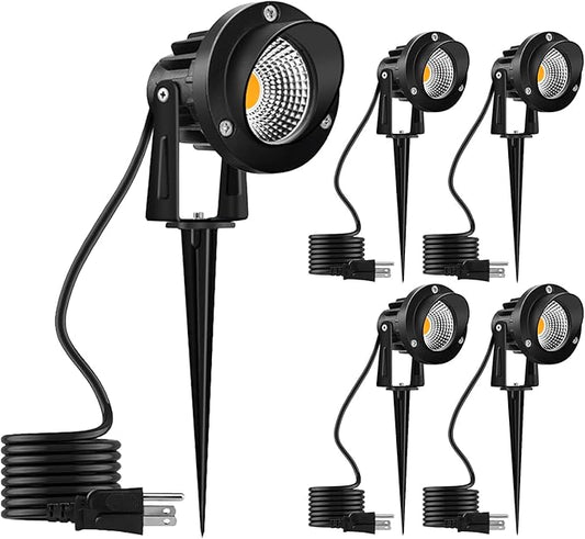 Romwish 120V LED Landscape Spotlights, 10W Outdoor Spotlights for Yard, 3000K Warm White, 120V AC Spot Light with Ground Spike, Waterproof Landscape Lighting for House Garden Lawn Decorative - 4 Pack