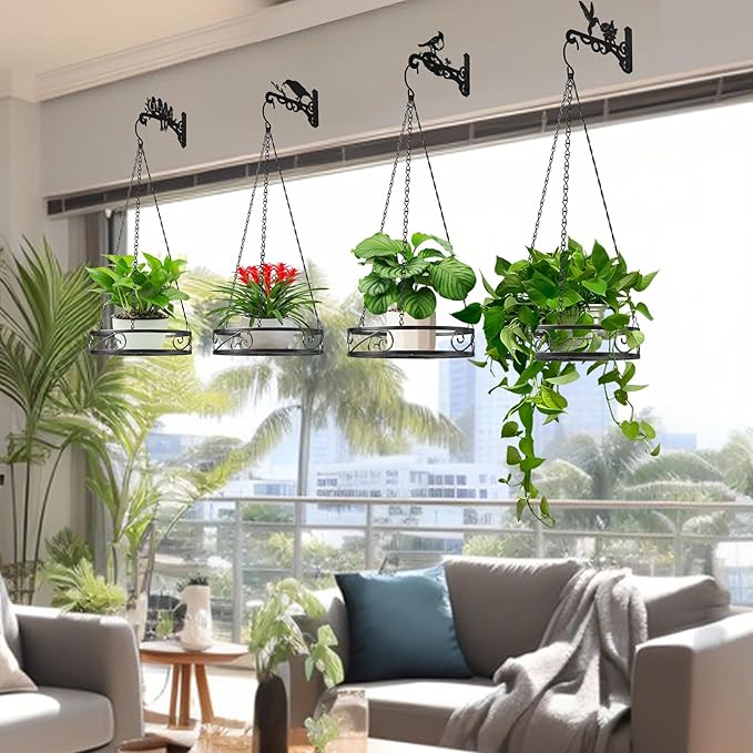 4-Pack Aesthetic Plant Hangers Outdoor and Indoor – 10 Inch Metal Hanging Plant Bracket with Beautiful Bird Pattern – Anti Rust Plant Hooks for Hanging Baskets, Bird Feeder, Windchime, Lantern