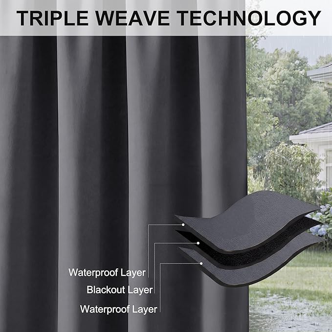RYB HOME Extra Wide Outdoor Curtains for Patio Waterproof Heavy Duty Thermal Insulated in Summer Full Coverage Privacy for Porch, Cabana & Pergola, W100 x L95, Grey, 1 Panel
