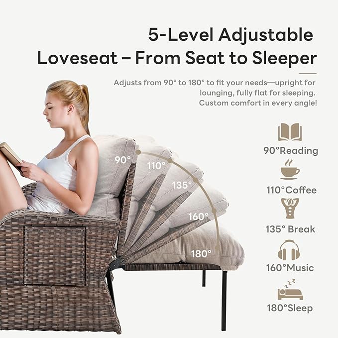 Belord Oversize Outdoor Daybed Set - Patio Recliner Loveseat with Storage Ottoman, Wicker Double Lounge Chair wth 5 Level Adjustable Backrest and 2 Retractable Table