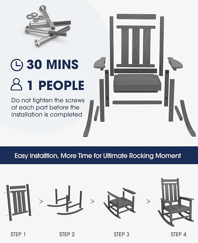 KINGYES Oversized Outdoor Rocking Chair Set of 2, All-Weather Patio Rocking Chairs for Porch, HDPE Outdoor Patio Rockers with High Back & Wide Seat for Garden, Lawn, Gray