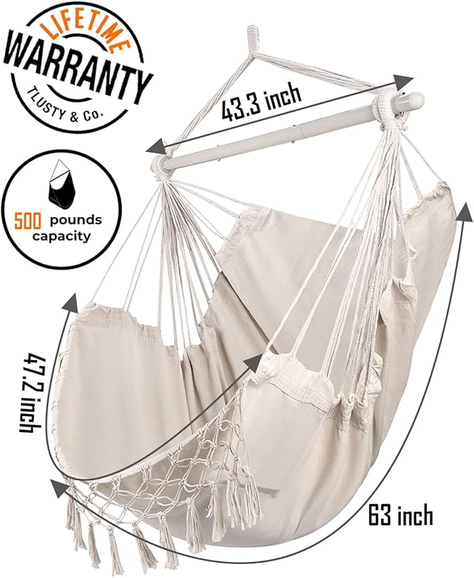 MIZTLI Hammock Chair Hanging Chair Swing Chair XXL Large Macrame Swing Indoor Hammock for Bedroom - Max 500 Lbs - 2 Cushions & All Hanging Kit Included