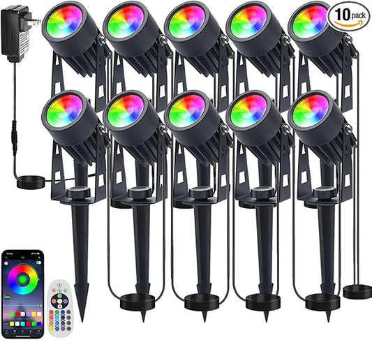 Smart RGB Low Voltage LED Spotlights, APP & Remote Control,Synchronous Dimming Lighting System, IP65 Waterproof,16 Million Colors for Outdoor Landscape,Yard,Garden,Holiday Decoration (10 Pack)
