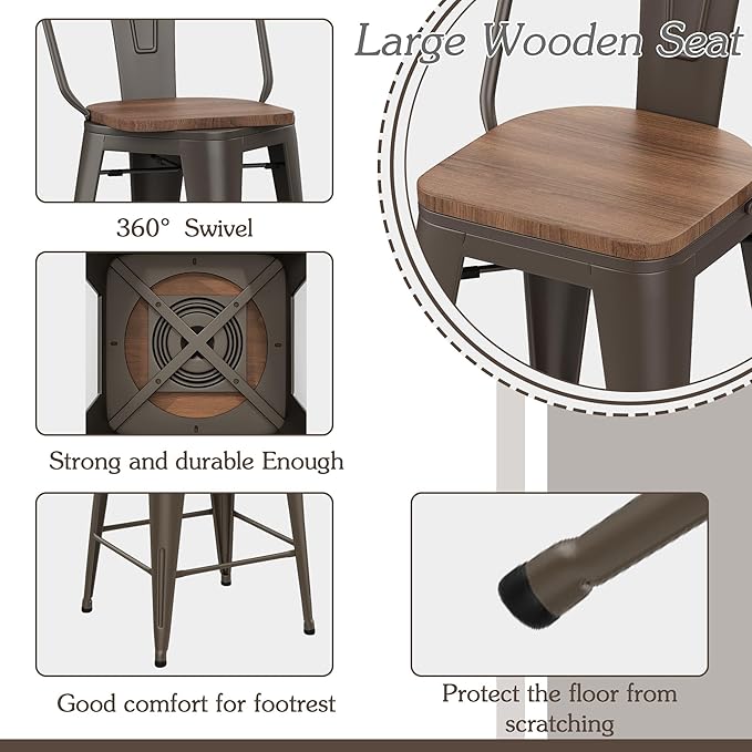 Alunaune 30" Swivel Metal Counter Height Bar Stools Set of 4 High Back Industrial Bar Chairs Kitchen Barstools with Large Wooden Seat-Rusty