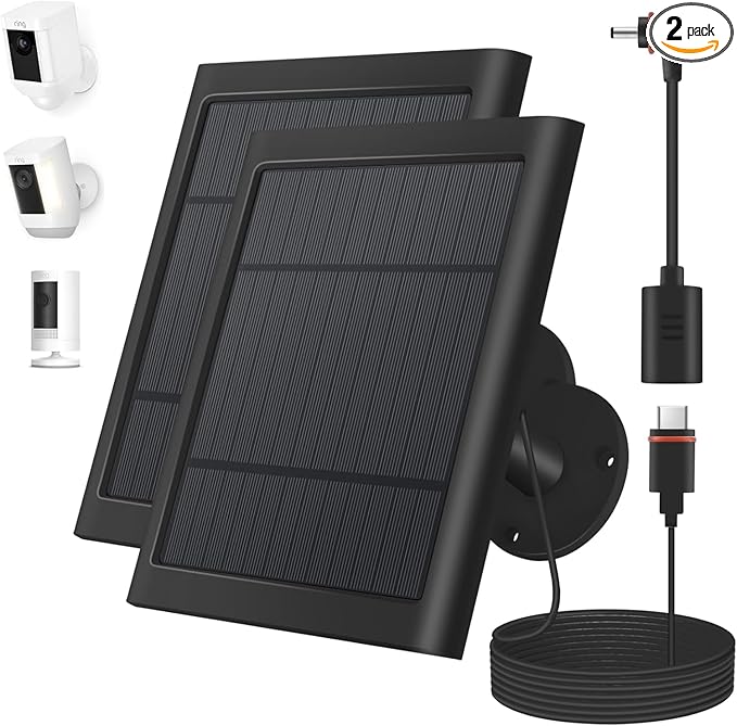 2 Pack 4W Solar Charger for Ring Spotlight & Stick Up Outdoor Cam, Black, High Efficiency, 10FT/3M Long Cable with USB-C to Ring Barrel Plug