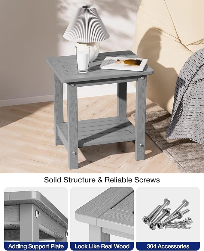 YEFU Outdoor Side Table for Patio: 16" HIPS Weather - Resistant Adirondack Tables Set of 2 - Small Square End Tables for Backyard Pool Porch Balcony - Indoor Outdoor Double Layer Table Grey