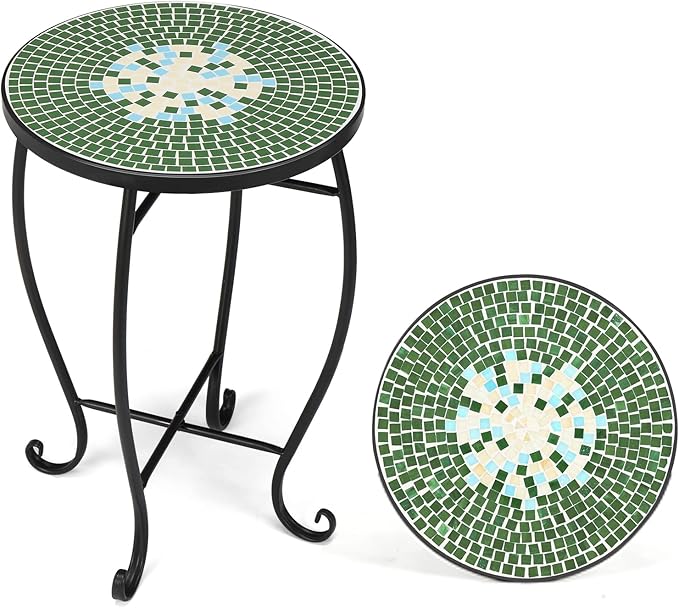 VINGLI Mosaic Print Accent Table, 14" Round Side Table,End Table, Plant Stand Decor for Patio Porch Balcony Back Deck Pool Indoor Outdoor Coffee, Metal Cobalt Glass Top Black Iron(Green Garden)