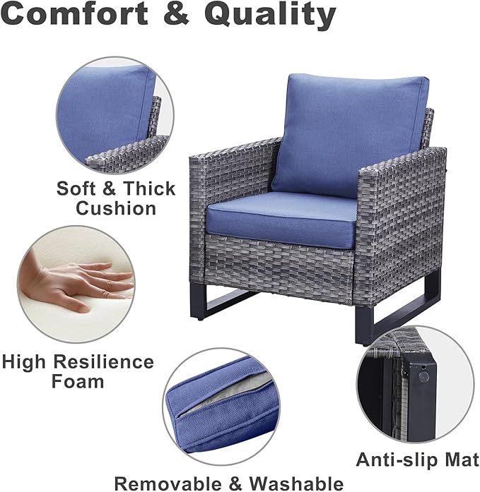 Belord 7 Piece Outdoor Furniture Patio Wicker Sofa Set, Oversize Outdoor Dining Chairs with Rattan Ottomans, Conversation Sets Patio Furniture Come with Removable Washable Cushion Blue