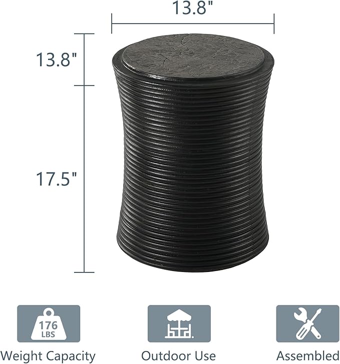 COSIEST Set of 2 Outdoor Side Table Black, Round MgO Concrete Side Table, Lightweight Outdoor Accent Table with Faux Natural Slate Rock, Cylinder Patio Table Top Plant Stand for Garden and Deck