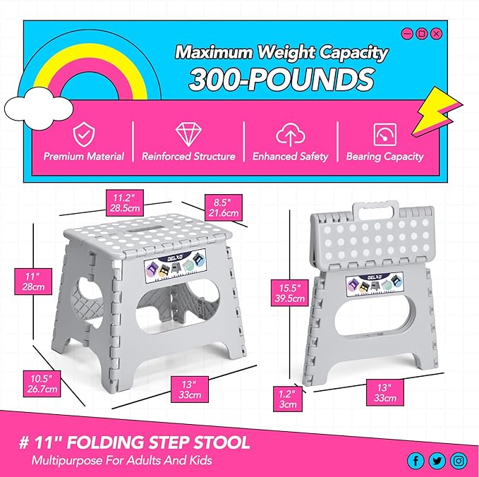 Delxo Folding Step Stool, 11 inch Non-Slip Foldable Stools for Kids & Adults Up to 300 LBS, Step Stool with Handle, Lightweight for Kitchen, Bathroom, Bedroom, Garden, Grey, 1PC