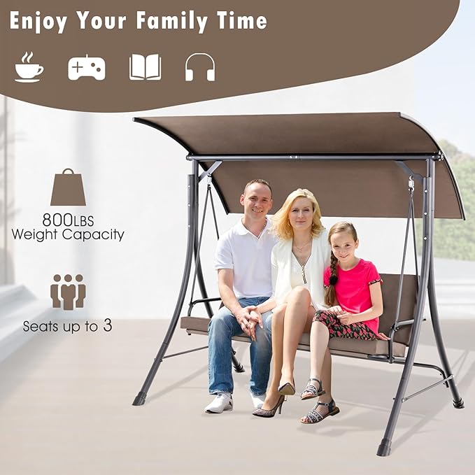 Tangkula 3 Person Porch Swing, Outdoor Swing with Removable Cushions, Solid Steel Structure, Patio Swing with Adjustable Canopy for Garden, Backyard, Balcony, Poolside