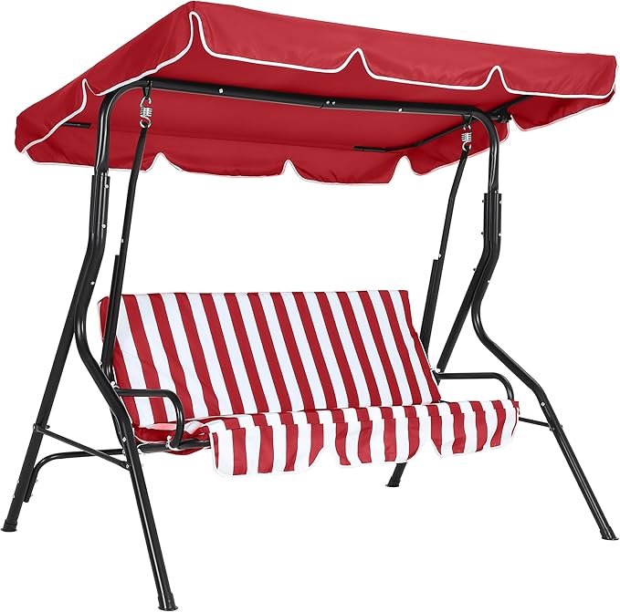 Outdoor Porch Swing Chair with Adjustable Canopy & Striped Seat Cushion for Adults 3-Seat Patio Glider Bench with Thick Cushions Steel Frame Outdoor Swing Chair for Backyard Lawn Garden Red
