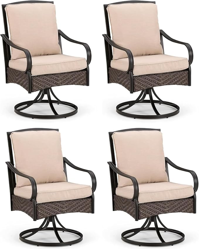 PHI VILLA Outdoor Swivel Chairs Set of 4, Heavy Duty Metal Wicker Dining Chairs with Cushions, Large All Weather Patio Seating Furniture for Porch, Deck, Backyard