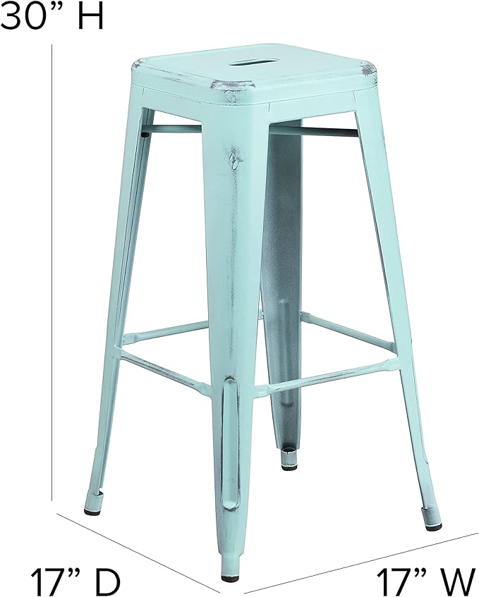Flash Furniture Kai Commercial Grade 4 Pack 30" High Backless Distressed Green-Blue Metal Indoor-Outdoor Barstool