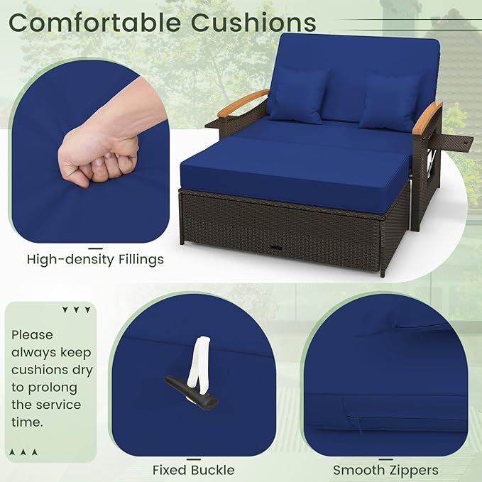 LDAILY Moccha Outdoor Wicker Daybed, Patio Rattan Loveseat Sofa w/ 4-Level Adjustable Backrest, Folding Panels, Storage Ottoman & Cushions, Lounge Furniture Set for Poolside Backyard Porch (Navy)