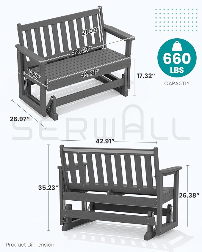 SERWALL Outdoor Glider Rocking Chair, HDPE All-Weather Resistant 2-Person Loveseat, Outdoor Rocking Bench Chair with 660LBS Capacity for Backyard Garden Porch, Grey