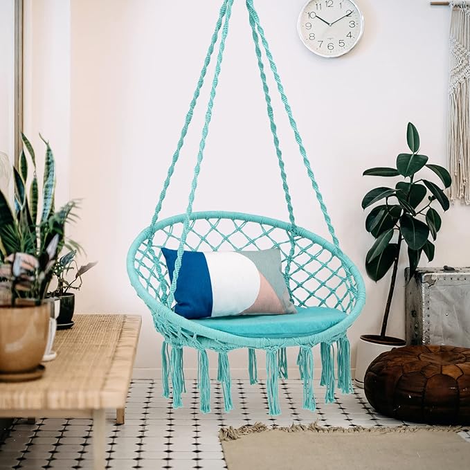 Giantex Hammock Chair Macrame Swing - Hanging with Cushion and Hardware Kit, 330 LBS Weight Capacity, Indoor for Stand, Patio, Balcony, Living Room (Turquoise) (GT10698-NPTU)