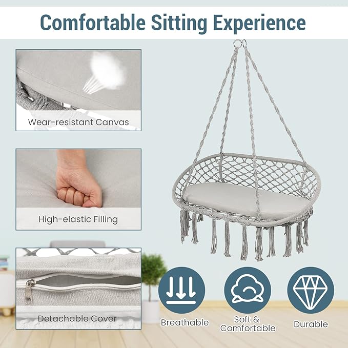 Giantex 2-Seat Hammock Chair, Macrame Swing with Cushion, Hanging Cotton Ropes, Metal Frame, Hanging Chair with 440 Lbs Capacity for Hammock Stand, Living Room, Patio, Balcony, Backyard (Gray)