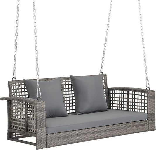 Outvita Porch Swing, 4FT Hanging Outdoor Porch Swings for Adults, Wicker 2 Person Patio Swing, with Cushion, Pillow and Chain for Garden, Backyard, Weight Capacity - 800lbs