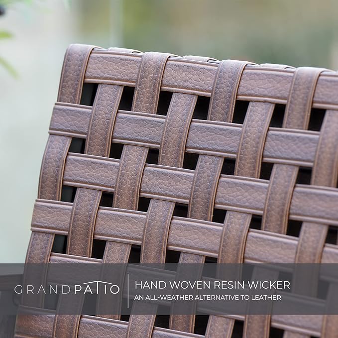 Grand patio 3-Piece Outdoor Counter Height Bar Set with Wood Grain Texture Leather-Look Wicker Bar Set with Market Umbrella Hole Furniture for Patio, Balcony, Garden - Brown