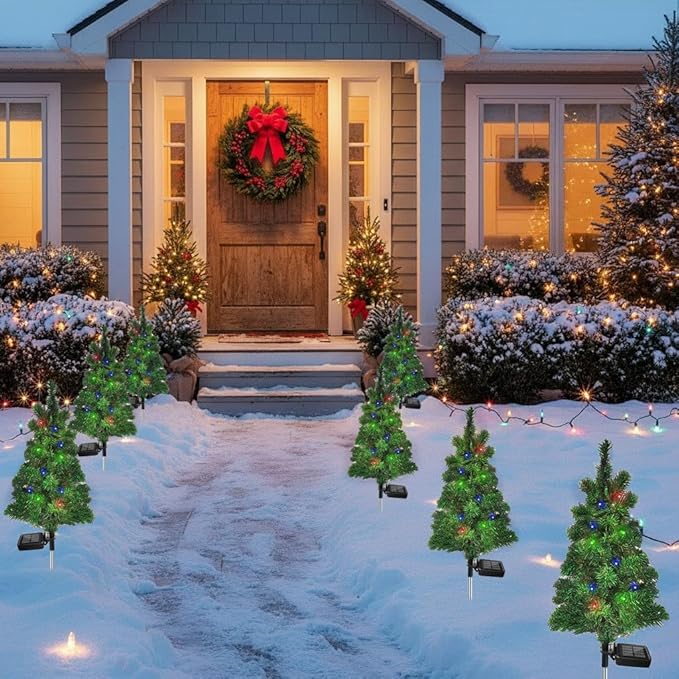 Solar Christmas Tree Garden Stake Lights Outdoor Waterproof Pathway Lights Xmas Tree Light for Lawn Patio Yard Front Porch Christmas Decor 2pcs