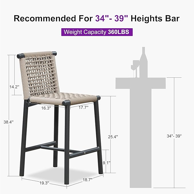 PURPLE LEAF Counter Height Stools Set of 2 with Back Aluminum Patio Bar Stools for Pool Lawn Kitchen All Weather Wicker Outdoor Bar Chairs Dark Grey
