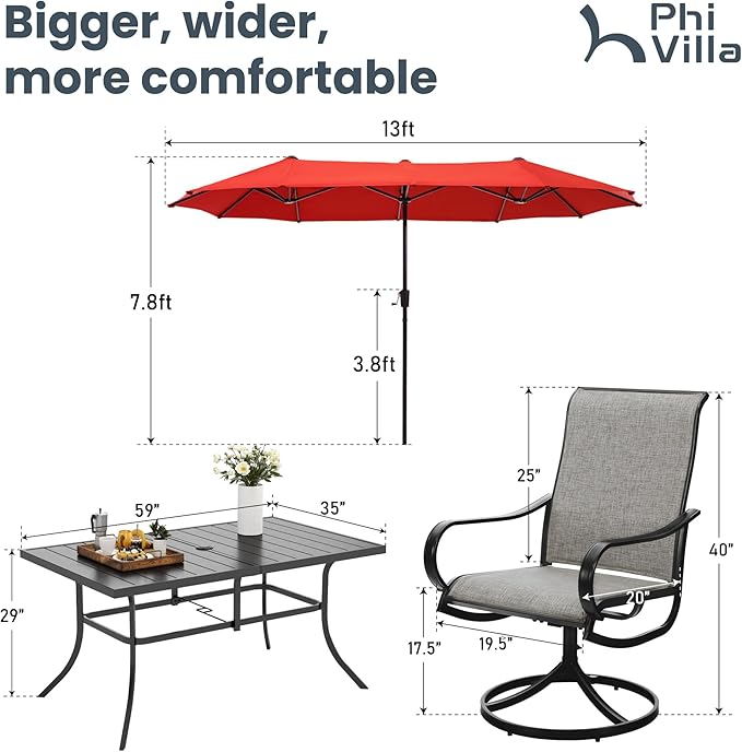 PHI VILLA 8 Piece Outdoor Furniture Patio Dining Set, 6 Swivel Textilene Fabric Dining Chairs & 1 Large Metal Table with 13ft Patio Umbrella (Red) for Garden Backyard Poolside Deck