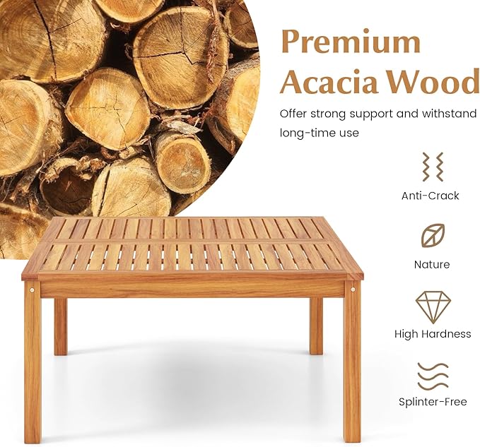 RELAX4LIFE Wood Outdoor Coffee Table - 35.5’’ Square Patio Tables w/Slatted Tabletop & Solid Legs, Patio Dining for Balcony Garden Porch Poolside Deck, Acacia Wooden Outdoor Side Table