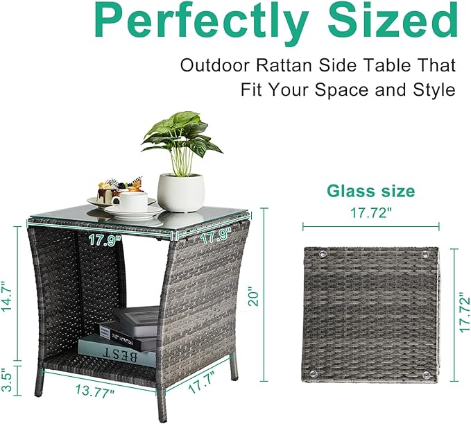 Wicker Rattan Side Table, Outdoor Square Rattan Coffee End Table with Tempered Glass Top and Storage for Patio Porch Lawn (Gray)