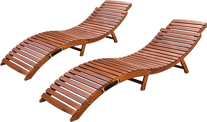 Devoko Patio Chaise Pool Lounge Outdoor Folding Wooden Lounge Chair for Outside Waterproof Lounge Chair (2 Piece)
