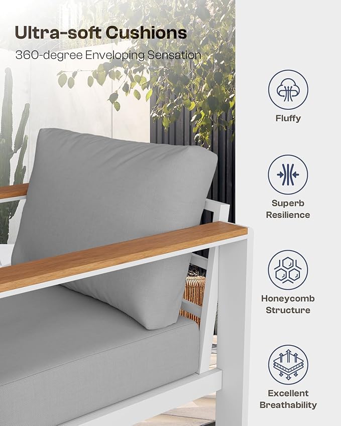 Aluminum Outdoor Patio Furniture Armchair, All-Weather Outdoor Patio Sofa with Washable Thick Cushion, Patio Sofa Couch Set of 2 for Porch, Balcony, Deck, Yard, White