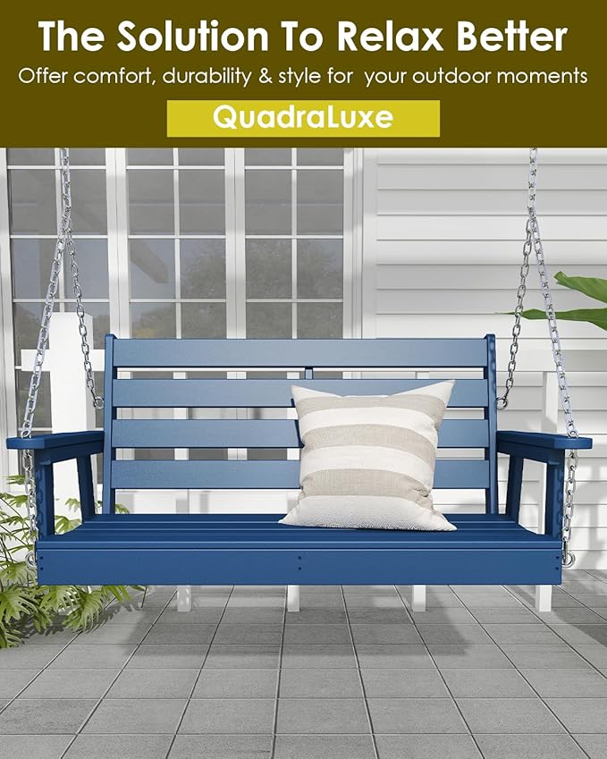 GREENVINES Porch Swing | 51’’ | HDPE Plastic | for Outdoor Patio | All Weather | Waterproof Bench Swings | w/ 4 Stainless Steel Chains | Blue