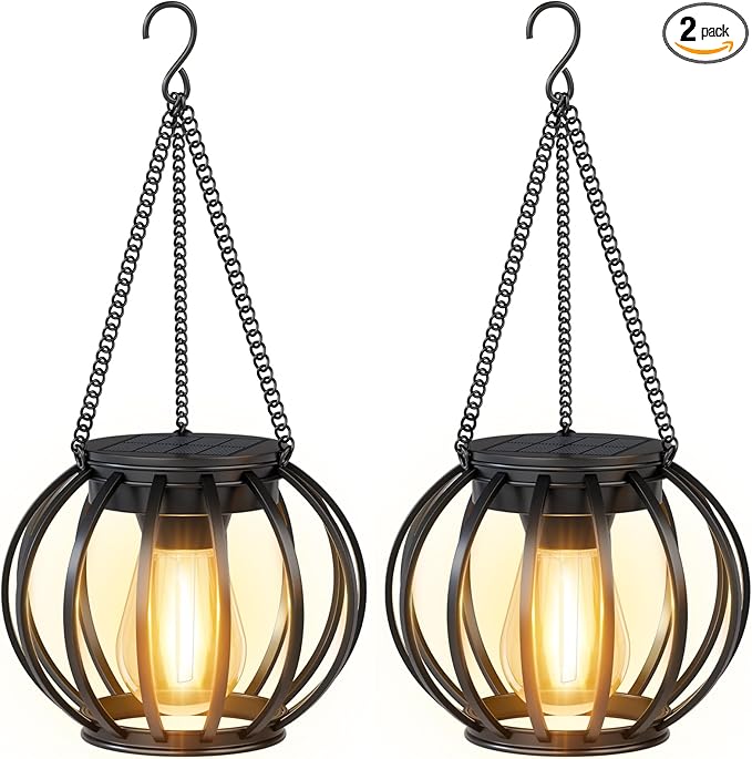 Solar Lanterns Outdoor Waterproof: 2 Pack Metal Hanging Decorative Solar Lights for Pathway Patio Garden Yard - 800mAh Lighting Auto On/Off - IP65 Rustproof Outdoor Lights - Gifts for Mom Women