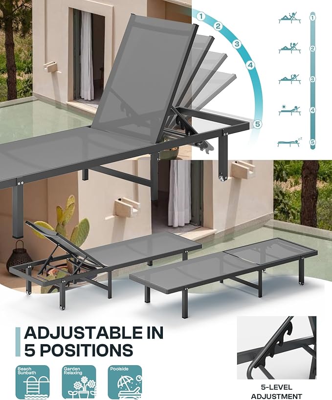 Lounge Chair Outdoor with Wheels, Aluminum Chaise Lounge Outdoor Chair with 5 Adjustable Backrest - Easy to Move- Pool Lounge Chairs for Patio, Poolside, Darkgray
