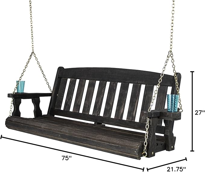 Amish Casual Heavy Duty Mission Treated Porch Swing, 6-Foot, Semi-Solid Black Stain, 8Ft Chains, with Cups