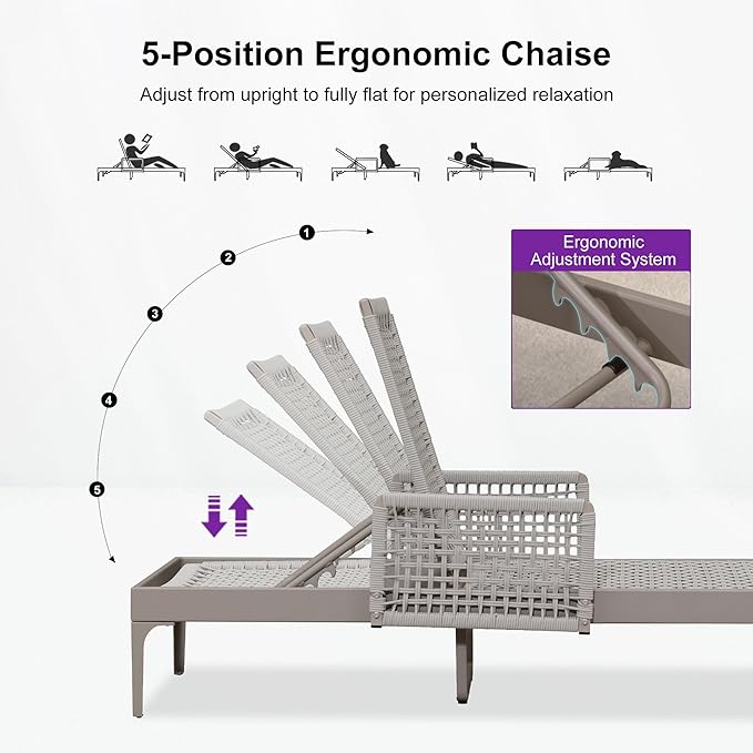 PURPLE LEAF 4 Pieces Outdoor Chaise Lounge Set Rattan Wicker Lounger with Arms Poolside Furniture Adjustable Recliners Patio Lounge Chairs for Beach Yard Garden Balcony, Champagne