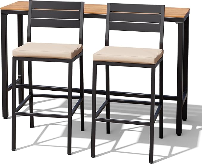 Crestlive Products Outdoor Bar Table and Chairs Set, 3 Piece Outside Patio Bar Set with 55" Long Bar Table and 2 Bar Stools for Balcony, Bistro, Garden, Backyard(Brown Desktop and Beige Cushion)
