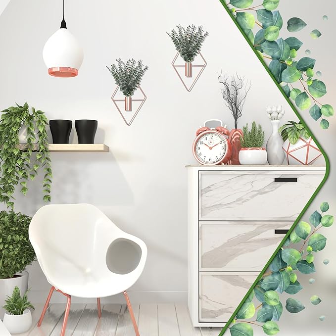 Jexine 4 Pcs Hanging Planters with Artificial Eucalyptus Metal Hanging Vase Indoor Plants Holder Modern Geometric Boho Bathroom Wall Decor for Living Room Home Office (Eucalyptus,Rose Gold)