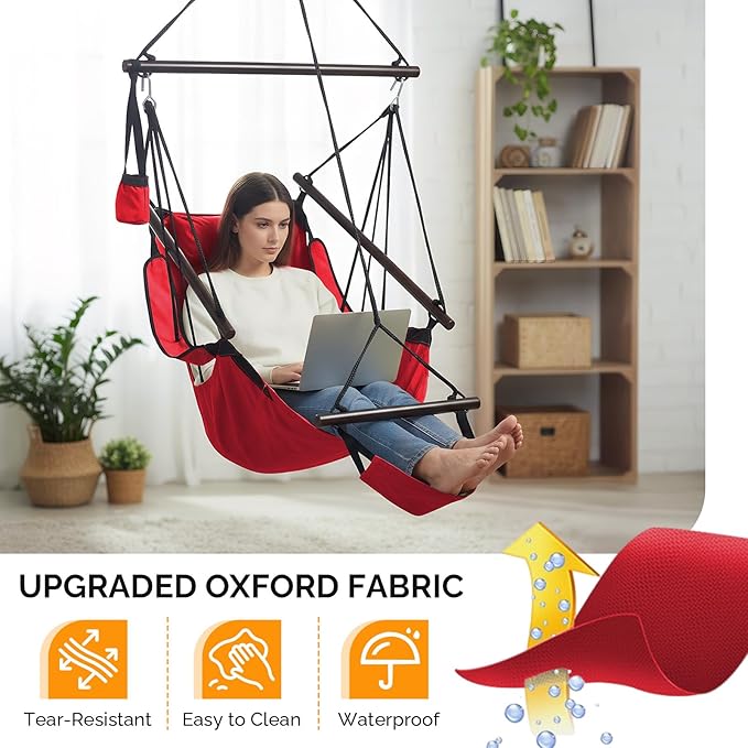 ONCLOUD Hammock Chair Hanging Swing Seat Air Deluxe Rope Through Beech Wood Bars, Drink Holder & Fuller Pillow Safer Relax for Indoor Outdoor 250Lbs, Red