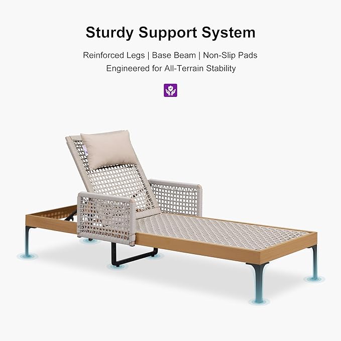 PURPLE LEAF 1 Piece Outdoor Chaise Lounge Rattan Wicker Lounger with Arms Poolside Furniture Adjustable Recliners Patio Lounge Chair for Beach Yard Garden Balcony, Teak