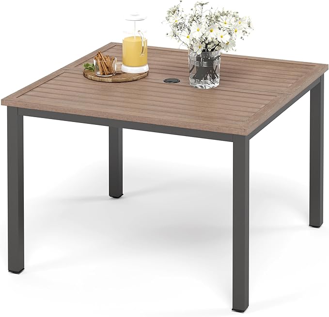 Sophia & William 42" Metal Patio Table, Steel Slatted Square Outdoor Dining Table with 1.57"-1.9" Adjustable Umbrella Hole, Outdoor Furniture Bistro Yard Garden Table with E-Coating, Brown
