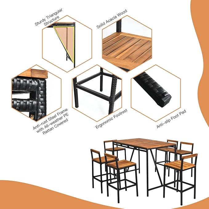 HAPPYGRILL 7 Piece Patio Bar Table Set with Umbrella Hole Acacia Wood High-Dining Bistro Set with 6 Bar Stools, PE Wicker Outdoor Bar Set for Backyard Patio and Poolside